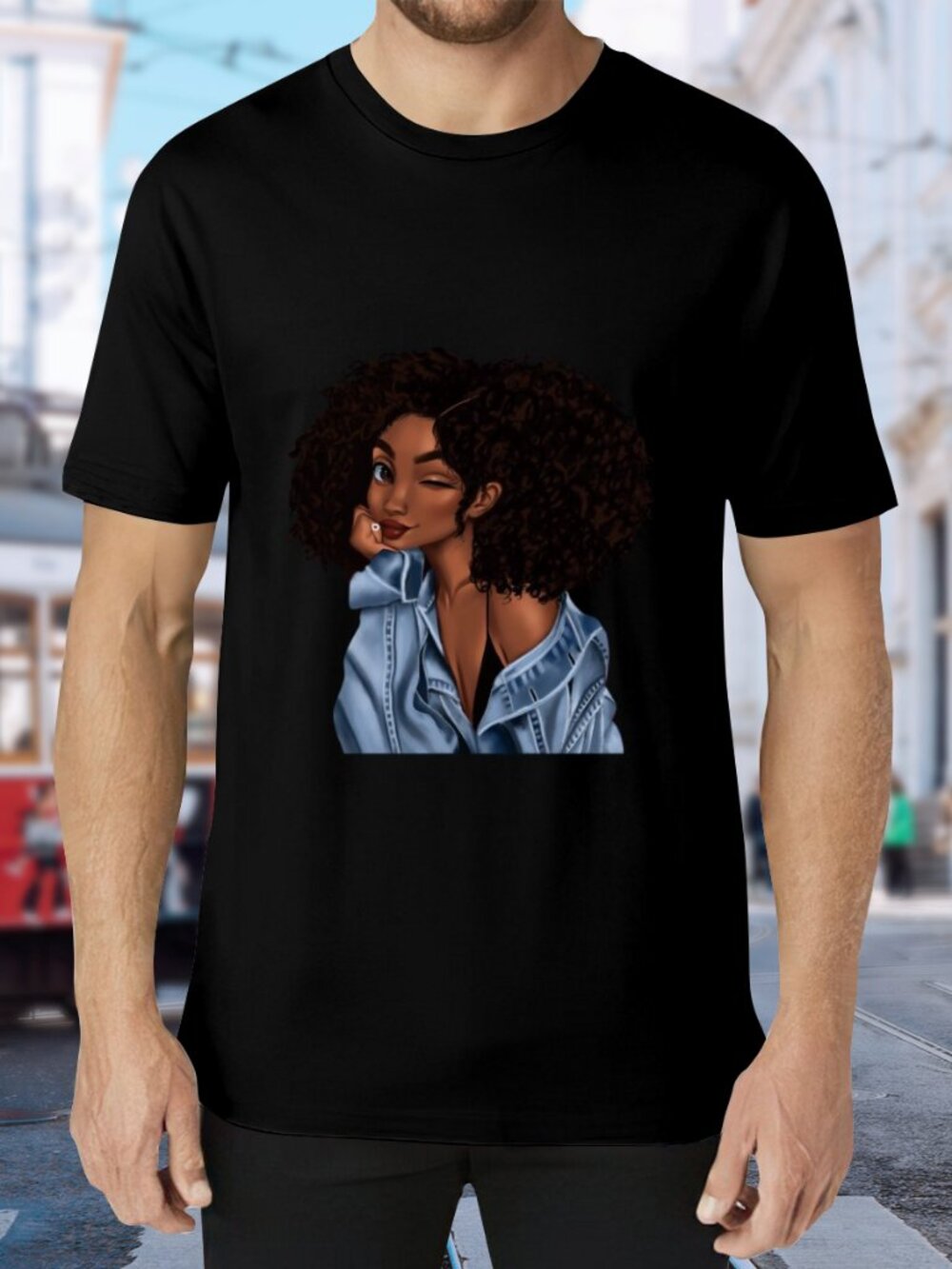 Black Graphic Short-Sleeve Tee with Winking Afro Girl Print